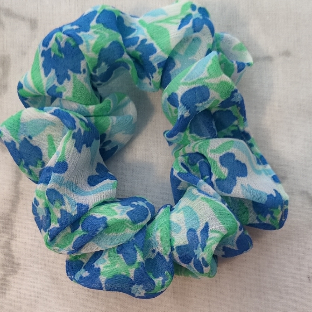 3/$20 Floral Blue and Green Hair Scrunchie - Picture 2 of 2